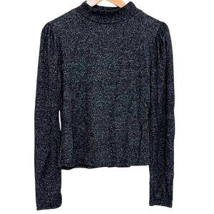 Mock-Neck Puffed Shoulder Marled Charcoal Grey Long Sleeve Top – Seduction, M